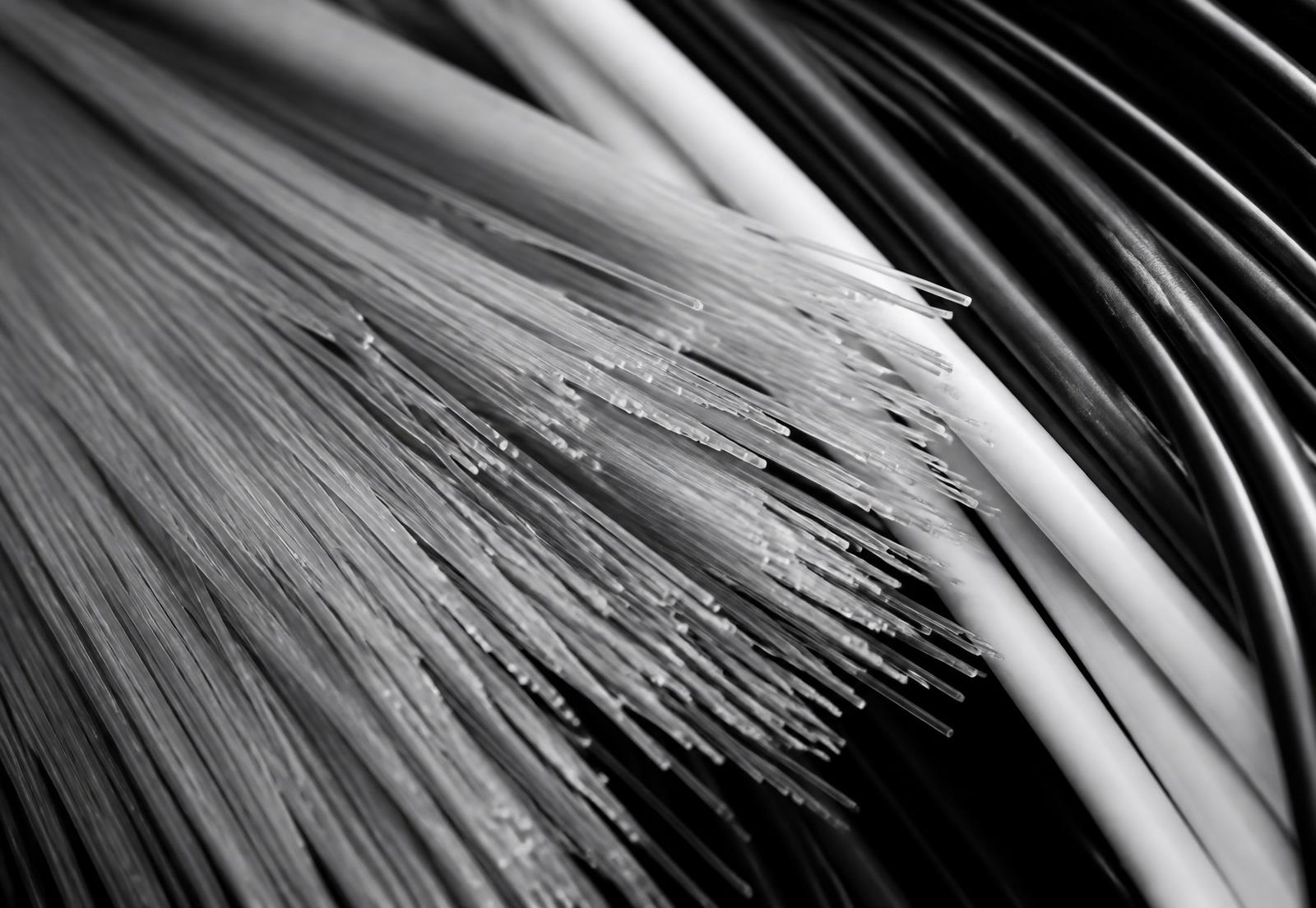 Dense bundle of fibre optic strands photographed in black and white, representing many connected systems